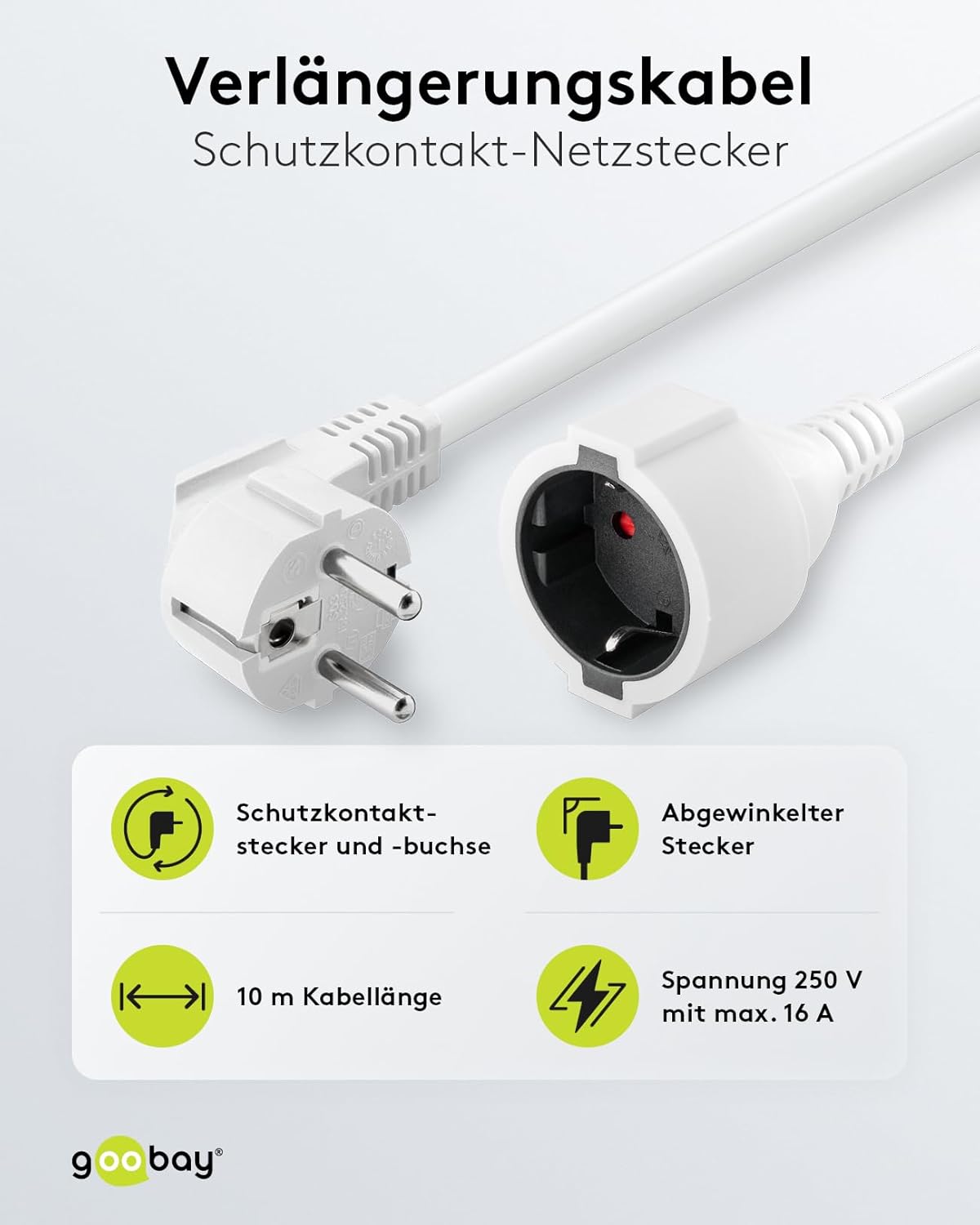 Goobay Gewinkeltes Strom Verlängerungskabel / Schutzkontakt Stecker 250V Schutzkontakt 2 Meter Stromkabel Verlängerung für Innenbereich / Weiß / 2m