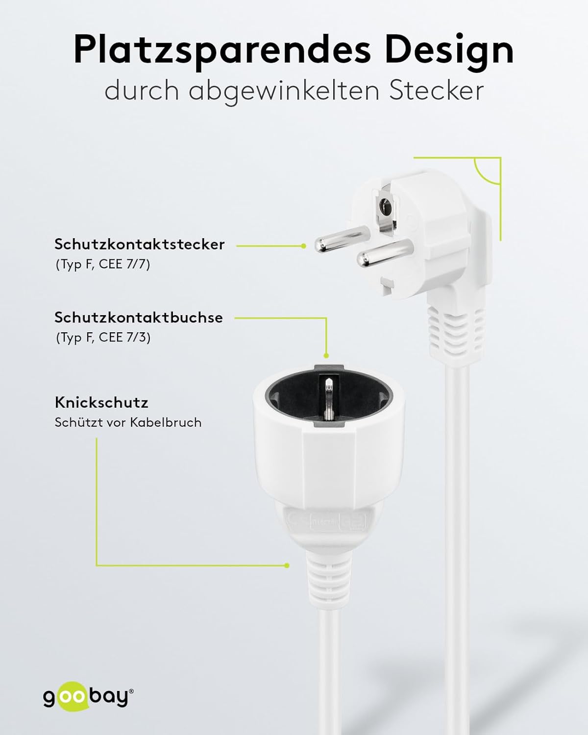 Goobay Gewinkeltes Strom Verlängerungskabel / Schutzkontakt Stecker 250V Schutzkontakt 3 Meter Stromkabel Verlängerung für Innenbereich / Weiß / 3m