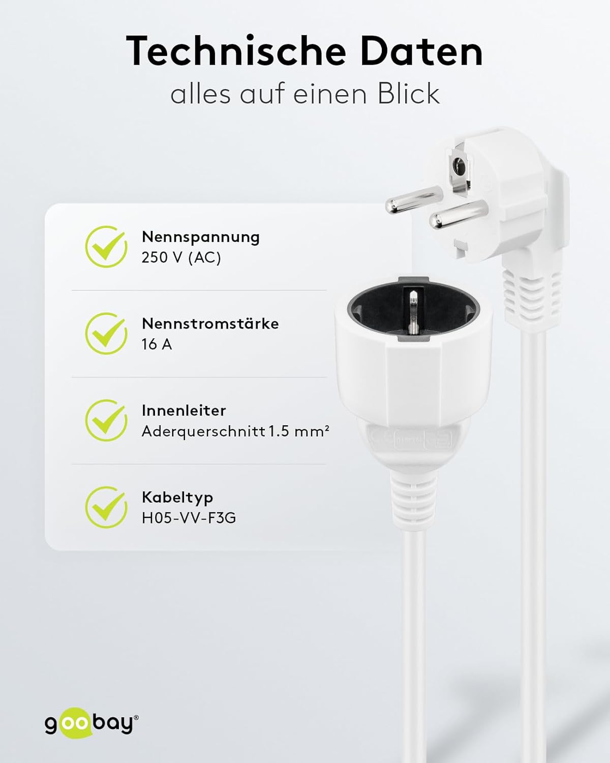 Goobay Gewinkeltes Strom Verlängerungskabel / Schutzkontakt Stecker 250V Schutzkontakt 5 Meter Stromkabel Verlängerung für Innenbereich / Weiß / 5m