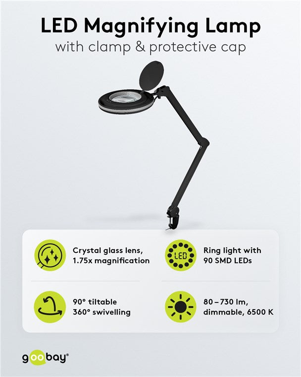goobay LED Lupenleuchte mit Klemme / 9 W Leistungsaufnahme / 127 mm Kristall-Glaslinse/Farbtemperatur 6400 K / 1.75x Vergrößerung / Lichtstrom 83-730 Lumen / Schwarz