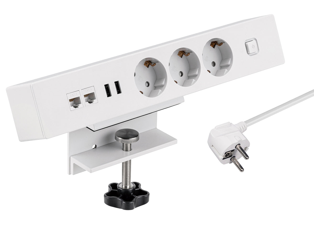 Tischsteckdose NV62L 3-Fach Schutzkontakt mit 2X USB und 2X LAN Anschluss, Mehrfachsteckdose für Zuhause mit Tischbefestigung, Knopf zum EIN- und Ausschalten, Steckdosenleiste mit 1,8m Kabel