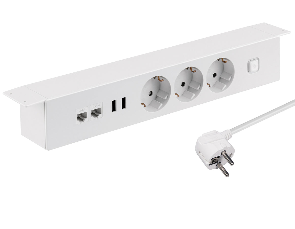 Tischsteckdose NV64L 3-Fach Schutzkontakt mit 2X USB und 2X LAN Anschluss, Mehrfachsteckdose für Zuhause Anschraubbar, Knopf zum EIN- und Ausschalten, Steckdosenleiste mit 1,8m Kabel