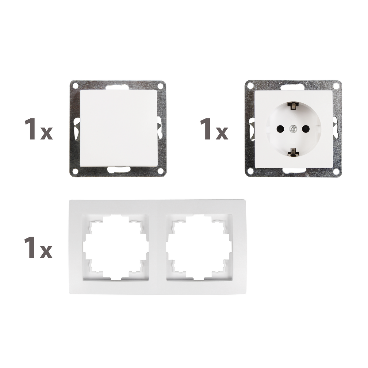 McPower Lichtschalter-Steckdosen Kombination | Flair | 2-fach Set, Schalter und Steckdose mit Rahmen, 250V~/10A, Unterputz, für Wohnräume, Küche, Büro, weiß matt