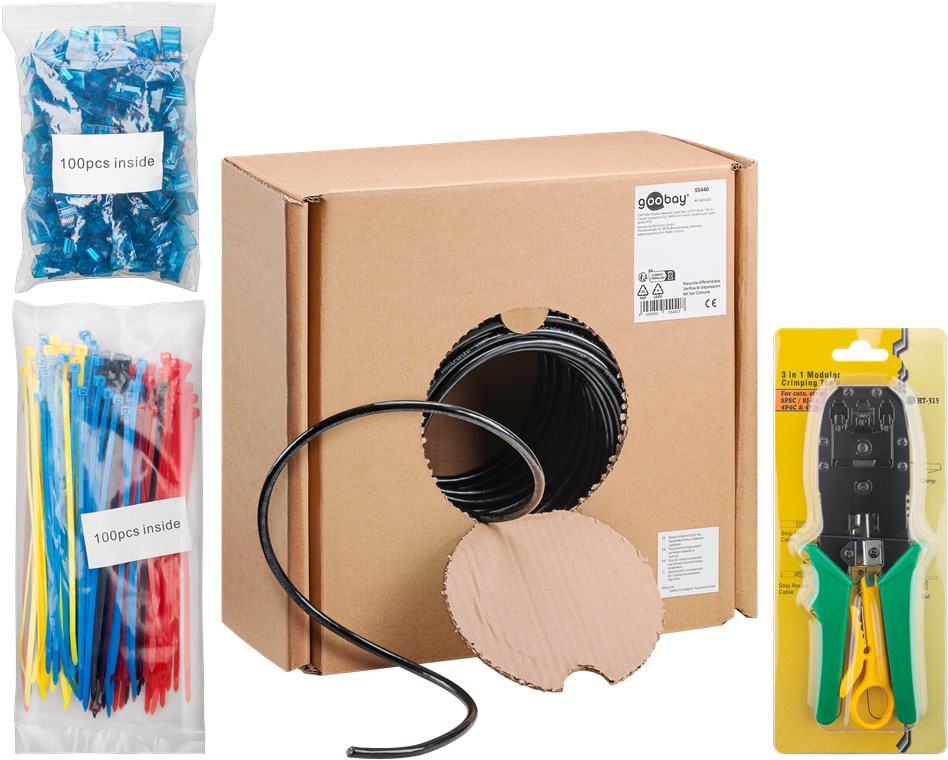 100m CAT.6A Outdoor Netzwerkkabel-Set, U/UTP, schwarz